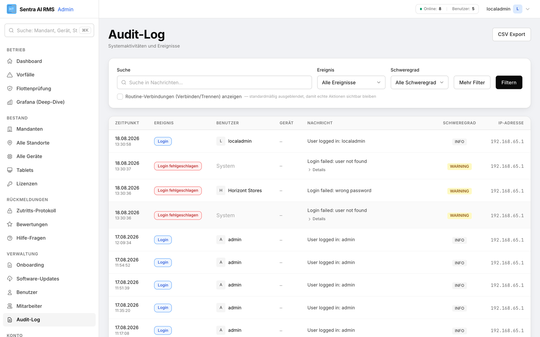 Audit-Log im RMS: protokollierte Anmeldungen und Systemereignisse mit Zeitstempel, Benutzer, Schweregrad und IP-Adresse