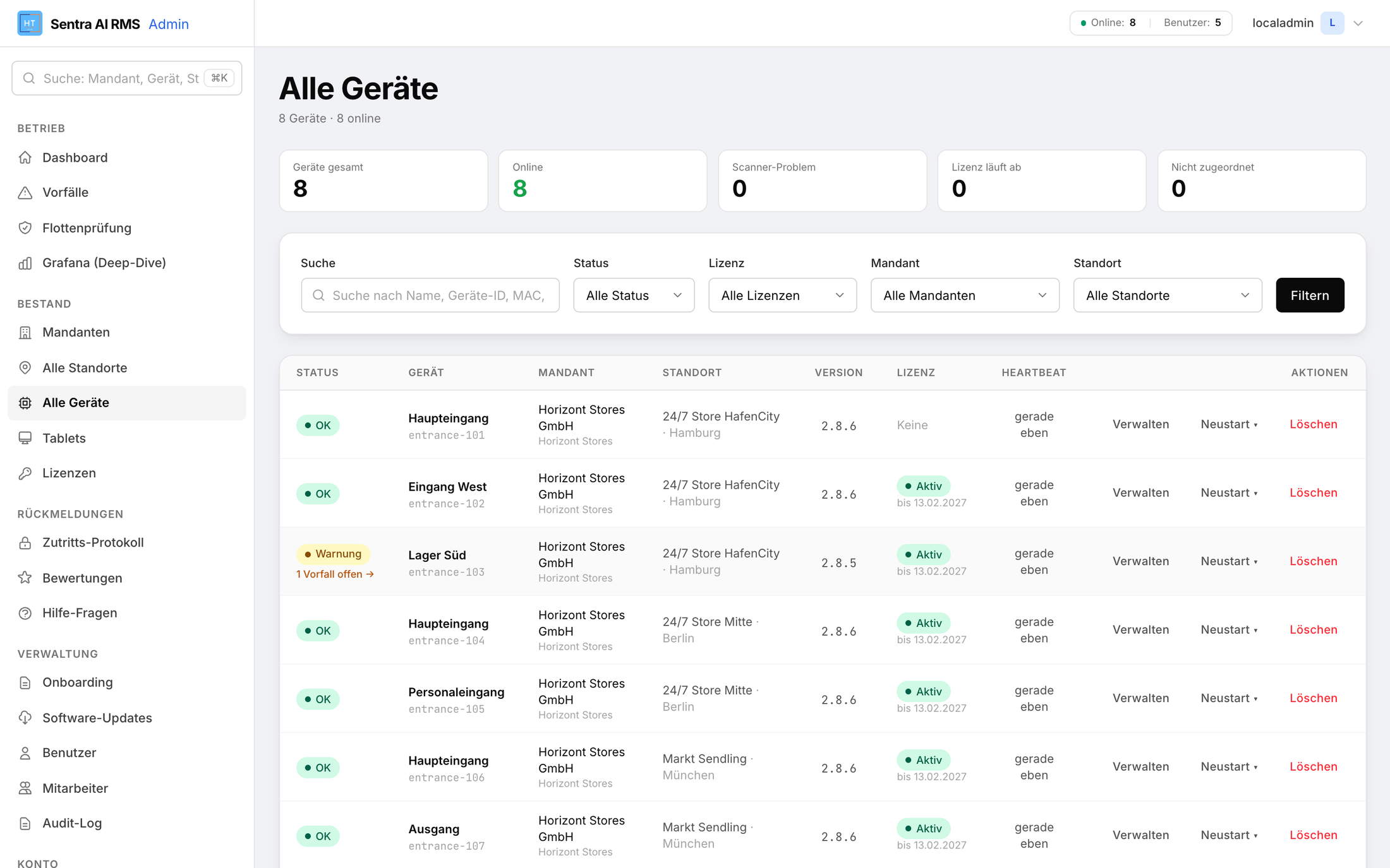 Geräteverwaltung im RMS: alle Geräte der Flotte in einer Tabelle, mit Status, Mandant, Standort, Version, Lizenz und Heartbeat